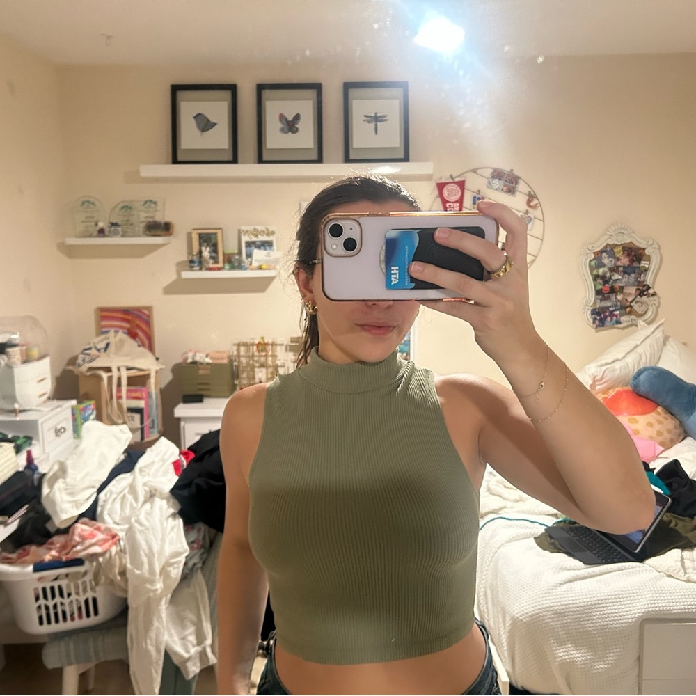 Zara Sleeveless Olive Green Ribbed Top
